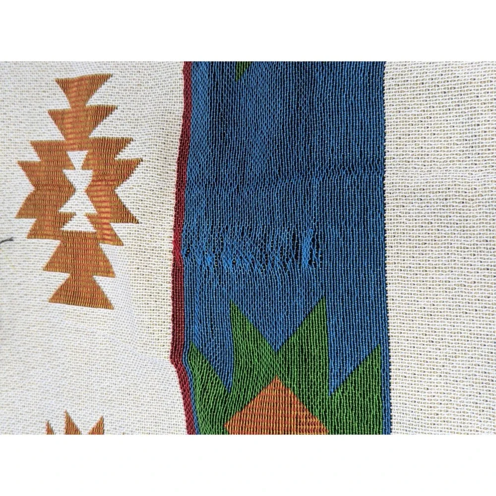 Southwest Woven Throw Blanket Fringed Edges blue green rust orange red